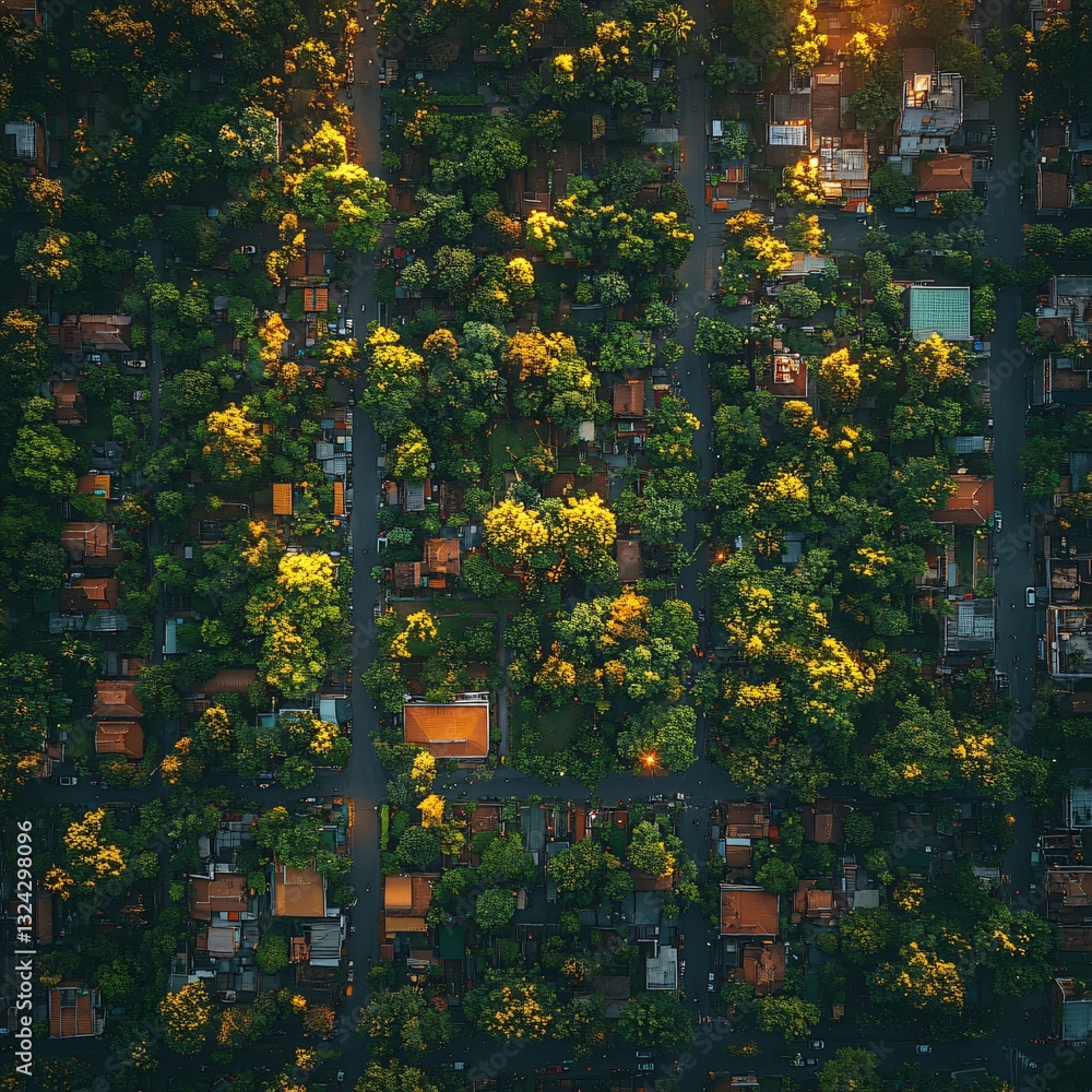 Obraz premium Aerial View of a Lush Suburban Neighborhood Surrounded by Green Trees in Golden Hour Light