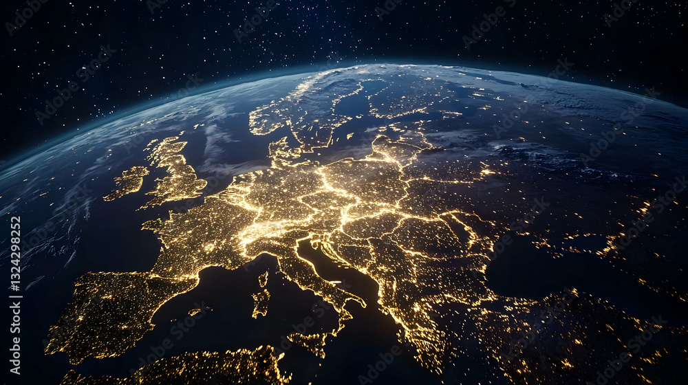 Obraz premium Illuminated Europe At Night From Space Highlighting Cities And Countries With Stars In Background