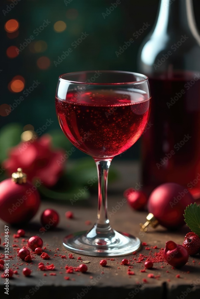 Red wine in a glass with a few ornaments and decorations around, red, atmosphere, grunge Red wine in a glass with a few ornaments and decorations around, red, atmosphere, grunge