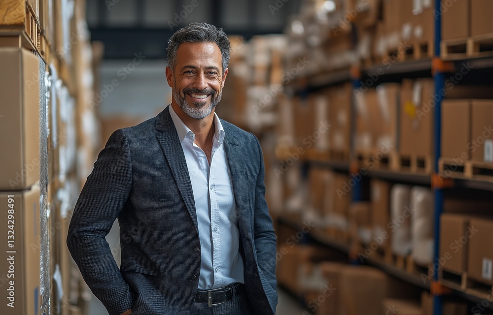 A businessman stands in front of a factory filled with cardboard goods or packages that are ready to ship or sell. stock and online sales. A businessman stands in front of a factory filled with cardboard goods or packages that are ready to ship or sell. stock and online sales.
