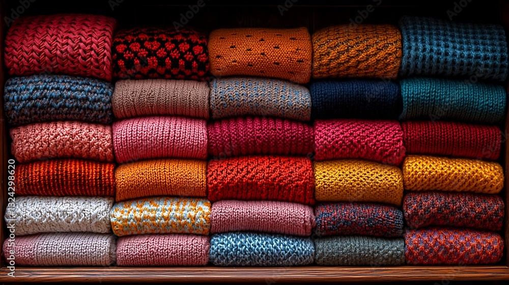 Colorful knitted sweaters neatly stacked in a wooden shelf, showcasing various textures and patterns Colorful knitted sweaters neatly stacked in a wooden shelf, showcasing various textures and patterns