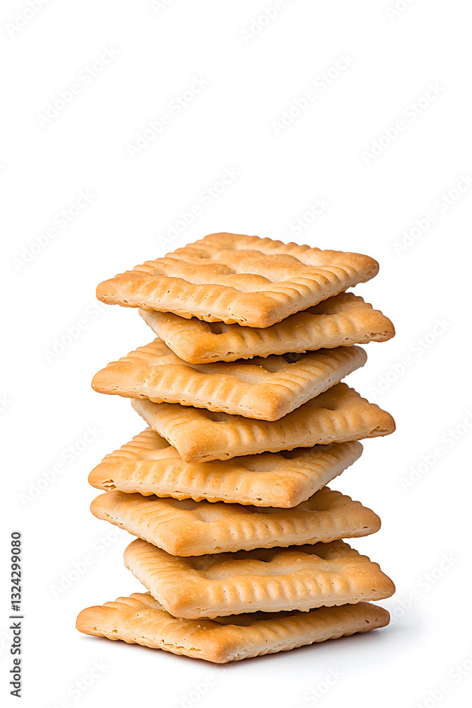 Stacked pile of crispy saltine crackers, isolated on white background Stacked pile of crispy saltine crackers, isolated on white background