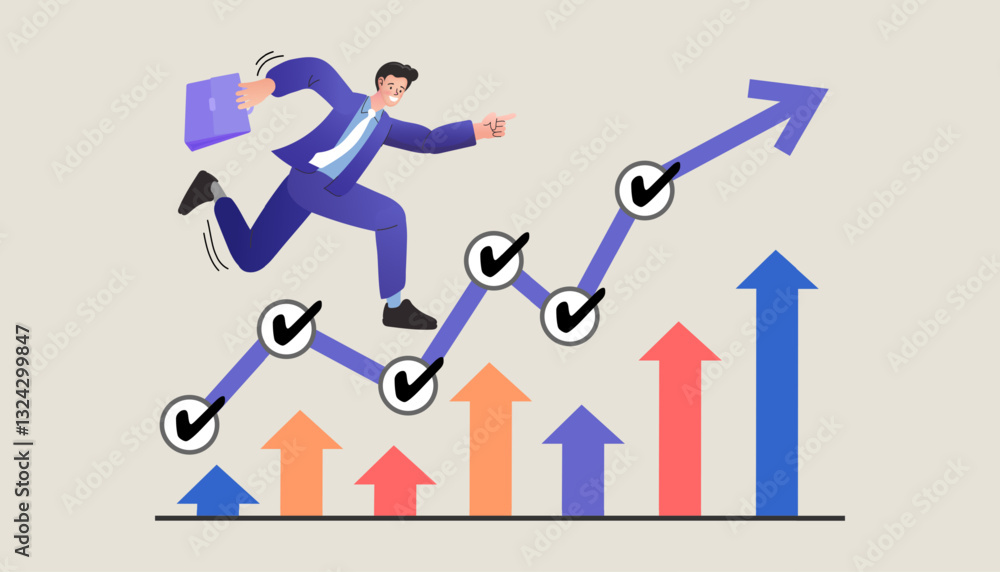 A businessman climbs a rising graph, symbolizing success, financial growth, and goal achievement. A businessman climbs a rising graph, symbolizing success, financial growth, and goal achievement.