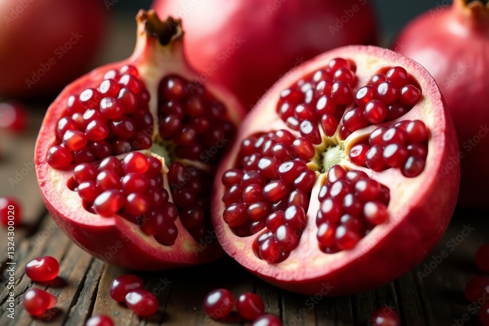 Close-up of ripe pomegranate split open to expose glistening, juicy seeds, organic, natural, antioxidant Close-up of ripe pomegranate split open to expose glistening, juicy seeds, organic, natural, antioxidant