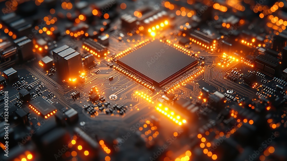 Microchip on circuit board close-up intricate details, glowing lights, futuristic technology concept. Microchip on circuit board close-up intricate details, glowing lights, futuristic technology concept.