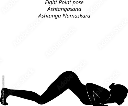 Silhouette of woman practicing Ashtangasana yoga pose. Eight Point pose or Knees Chest and Chin pose. Ashtanga Namaskara. Isolated vector illustration