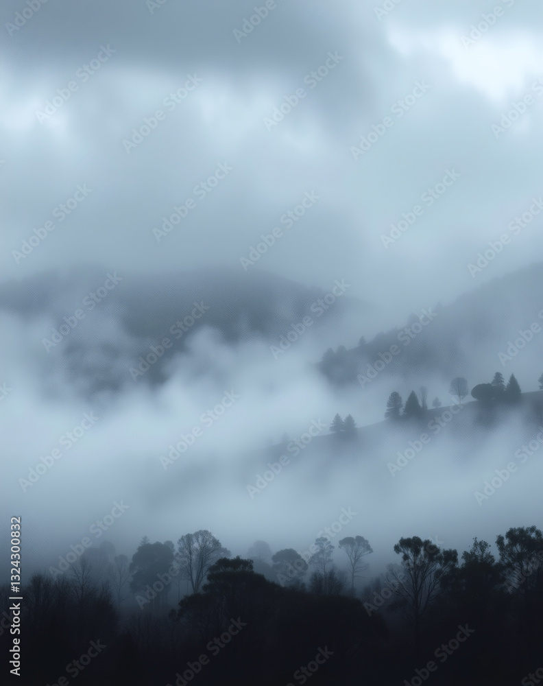 Mysterious fog blankets a tranquil valley at dawn, shrouding the landscape in ethereal beauty and soft whispers of nature Mysterious fog blankets a tranquil valley at dawn, shrouding the landscape in ethereal beauty and soft whispers of nature
