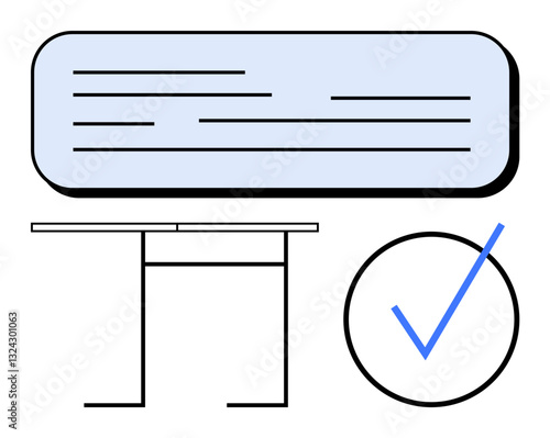 Blue task note with text lines, minimal desk outline, and large checkmark. Ideal for productivity, organization, planning, workflow, goal setting, priorities minimal flat simple metaphor