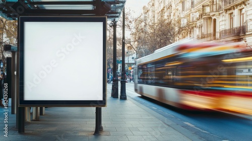 Blank Billboard at Bus Stop with Passing Bus for Advertising Use