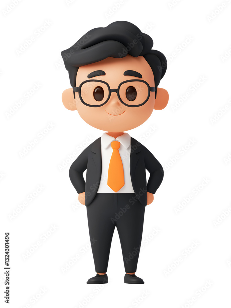 A 3D cartoon illustration of a smiling businessman wearing glasses and a black suit with an orange tie. against a transparent background, PNG 3D Digital Art, clip art. A 3D cartoon illustration of a smiling businessman wearing glasses and a black suit with an orange tie. against a transparent background, PNG 3D Digital Art, clip art.