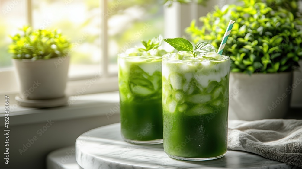 Refreshing iced green drinks with mint leaves on a sunny windowsill in a tranquil indoor garden setting Refreshing iced green drinks with mint leaves on a sunny windowsill in a tranquil indoor garden setting