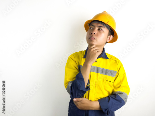 Thinking Asian young worker is thinking seriously with gesture on white background