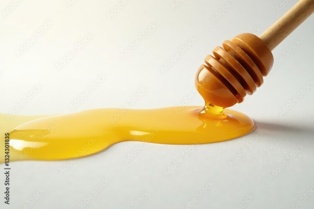 Thin thread of honey flows smoothly across the white surface, narrow, honey, flow Thin thread of honey flows smoothly across the white surface, narrow, honey, flow