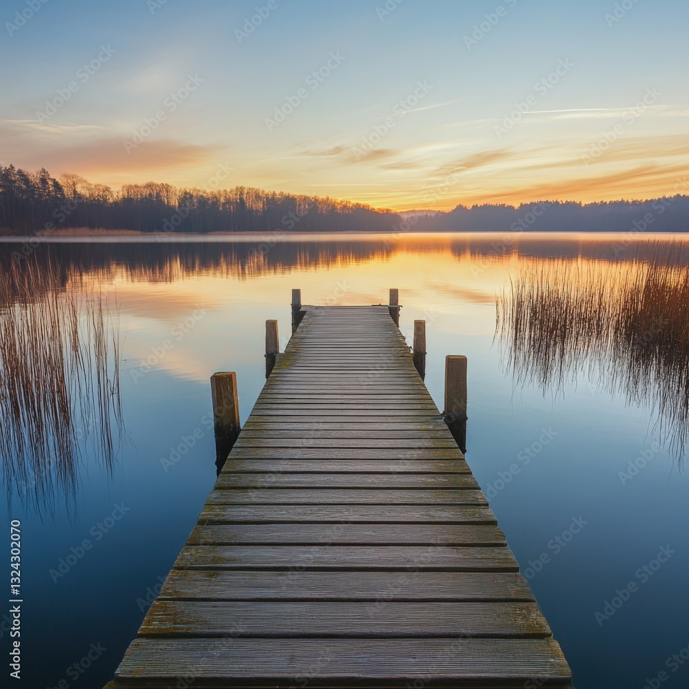 Serene sunrise over calm lake with wooden dock.