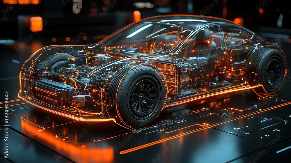 On a black background, orange lines highlight an electric vehicle's internal components battery, engine, transmission, showcasing sustainable transportation's future. On a black background, orange lines highlight an electric vehicle's internal components battery, engine, transmission, showcasing sustainable transportation's future.