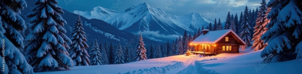 Twinkling Christmas lights illuminate a snowy mountain forest with rustic cabin in the distance, trees, Christmas, snocovered Twinkling Christmas lights illuminate a snowy mountain forest with rustic cabin in the distance, trees, Christmas, snocovered