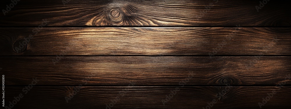 Fototapeta premium Dark brown wooden plank background, top-down flat lay view, featuring rich wood grain texture, ideal for design, backdrop, and rustic aesthetics.