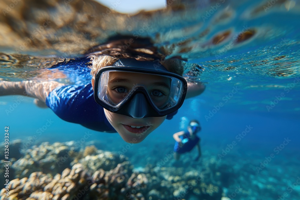 A happy boy swimming underwater, showcasing his joy and enthusiasm for aquatic adventures while interacting with friends in a vibrant ocean setting. A happy boy swimming underwater, showcasing his joy and enthusiasm for aquatic adventures while interacting with friends in a vibrant ocean setting.