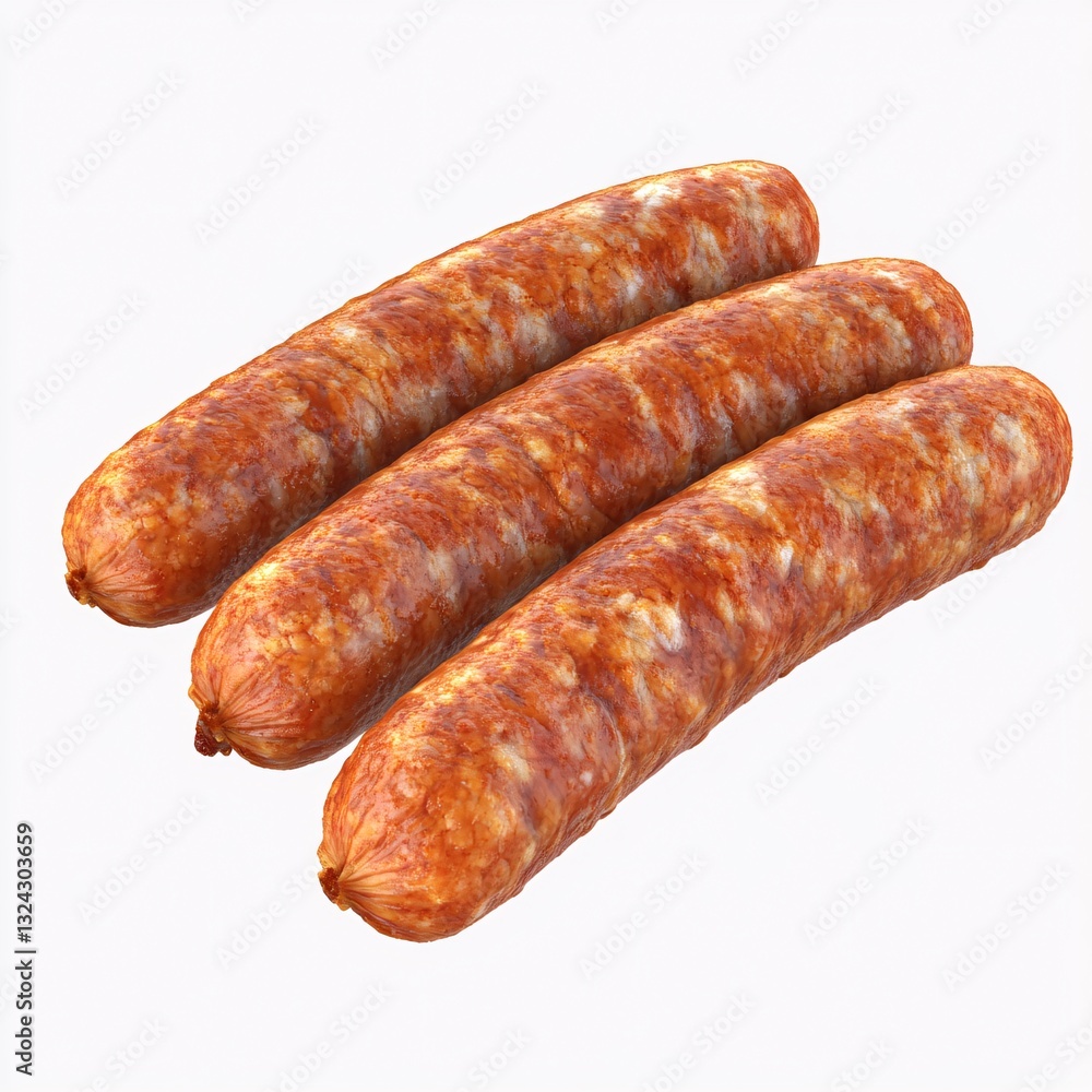 Delicious Smoked Sausage Arrangement on White Background Represents Culinary Gourmet Food Delicious Smoked Sausage Arrangement on White Background Represents Culinary Gourmet Food