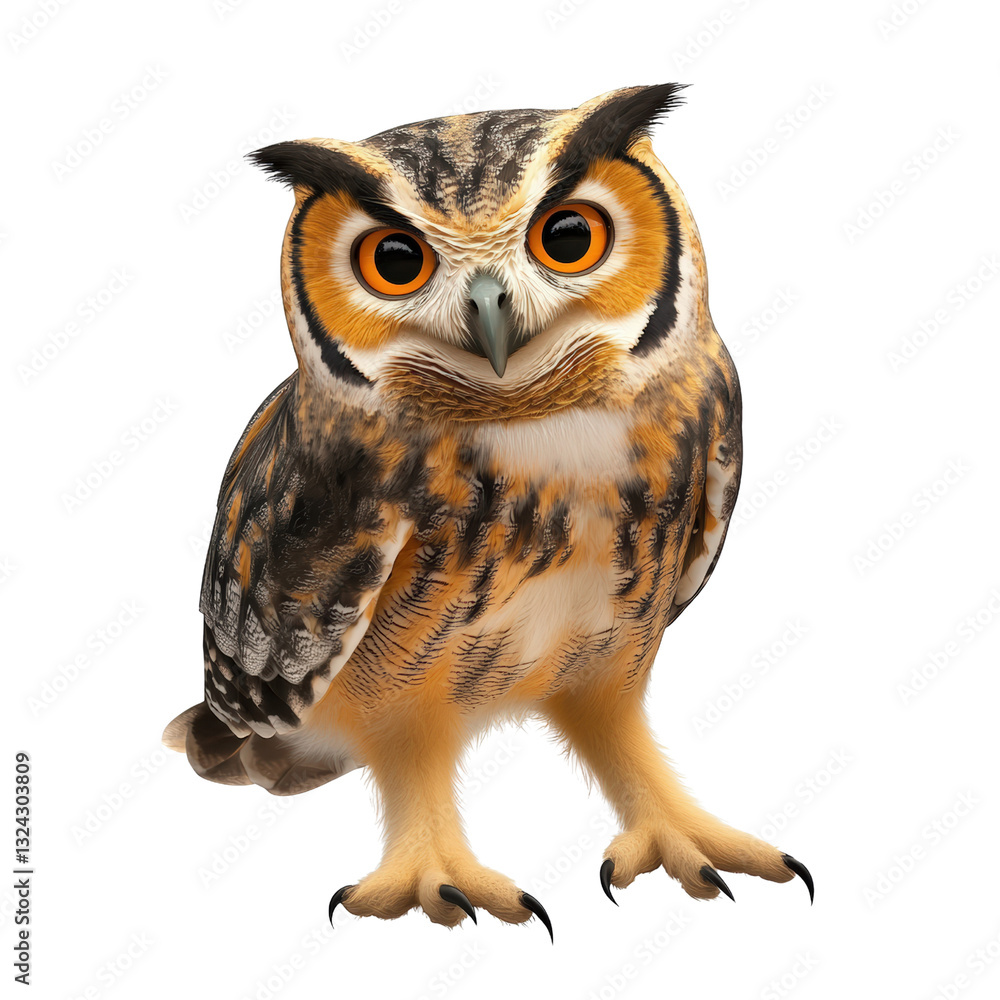 Obraz premium An owl with large, expressive eyes perched on a branch surrounded by a lush forest setting in soft natural light isolated on a white background.