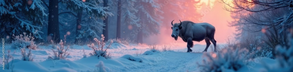 Una femmina di bisonte innevato e suo neonato nascosto nella nebbia, bisonti, animali selvatici Una femmina di bisonte innevato e suo neonato nascosto nella nebbia, bisonti, animali selvatici