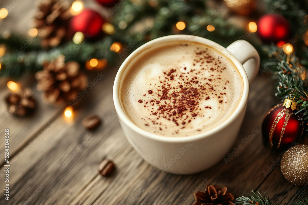 Christmas coffee with decorations and garland Christmas coffee with decorations and garland