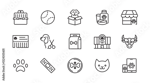 Veterinary, pet, vet, pet shop, dog care, training, cat, food line icons set collection. Outline icon collection. Pets line icons. Lovely animals icon pack. Vaccine, pet care, and dog paw