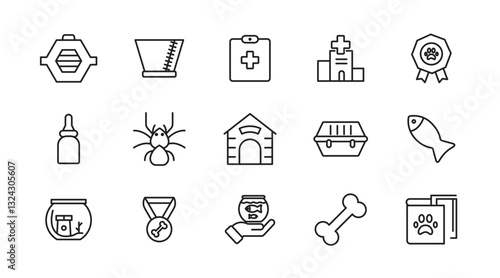 Veterinary, pet, vet, pet shop, dog care, training, cat, food line icons set collection. Outline icon collection. Pets line icons. Lovely animals icon pack. Vaccine, pet care, and dog paw