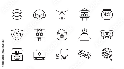 Veterinary, pet, vet, pet shop, dog care, training, cat, food line icons set collection. Outline icon collection. Pets line icons. Lovely animals icon pack. Vaccine, pet care, and dog paw