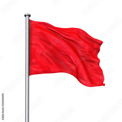 Vibrant red flag waving in the wind against a clear blue sky representing warning or attention signals isolated on a white background.