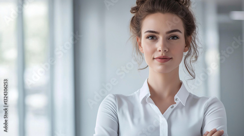 Free Download Confident young businesswoman in office, radiating professionalism and focus. - GFXLoad