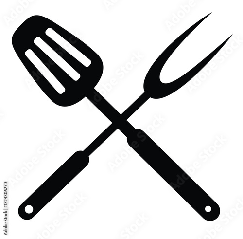 Cute cartoon hand drawn vector Barbecue spatula and fork sign silhouette.