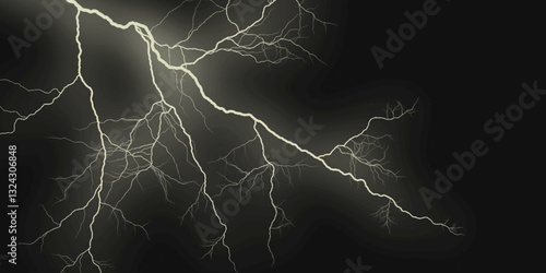 Thunder, lightnings and rain on a stormy summer night in black and white. Lightning bolts in the sky at night. 