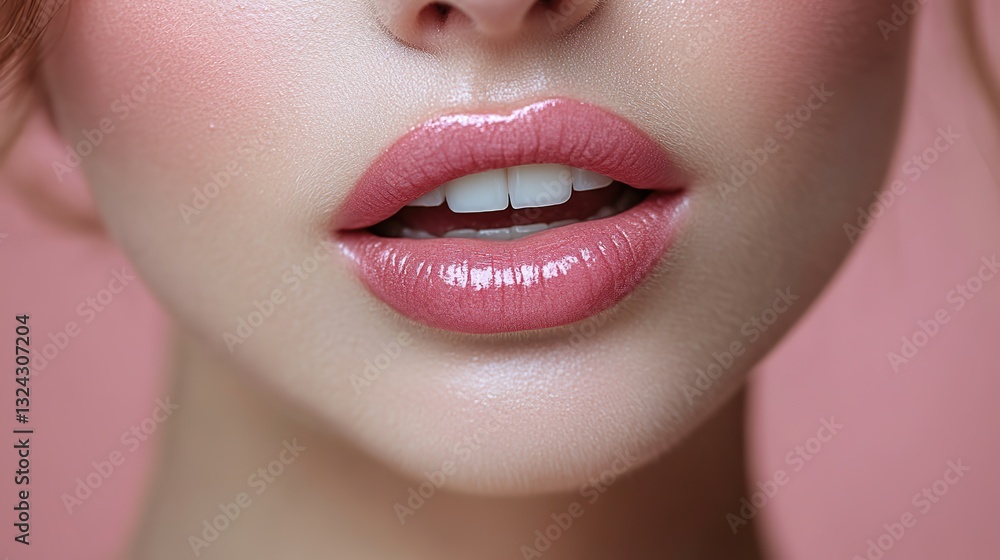 Fototapeta premium Perfect natural lip makeup with pink lipstick shows healthy teeth and cosmetology concept.