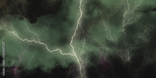 Thunder, lightnings and rain on a stormy summer night in black and white. Lightning bolts in the sky at night. 