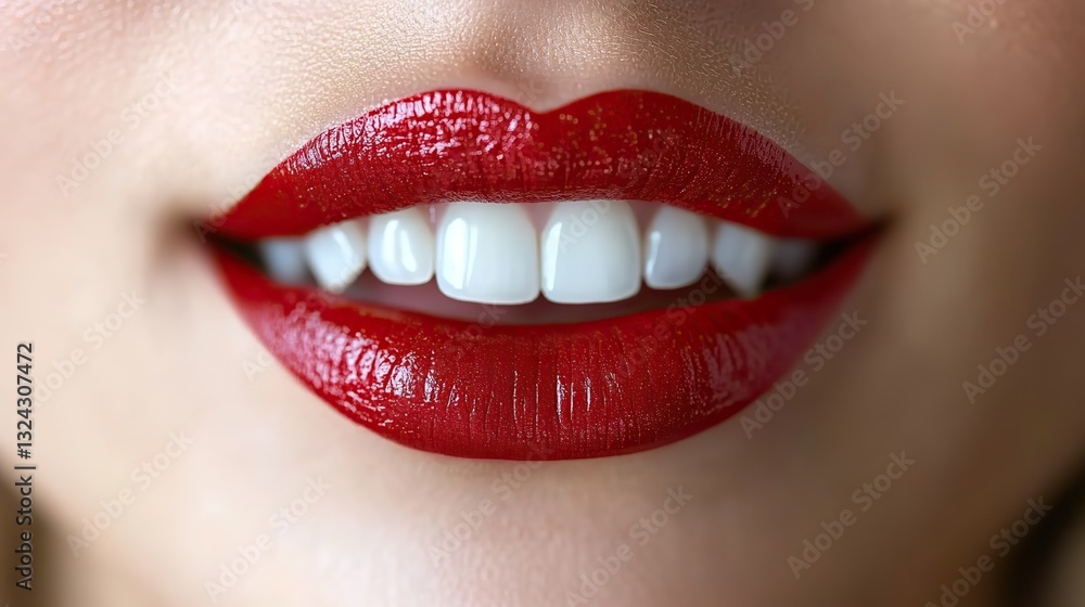 Obraz premium Perfect natural plump lips with red lipstick close-up, slightly open, reveal white teeth, suggesting beauty, cosmetology, lip augmentation, dentistry, and care.