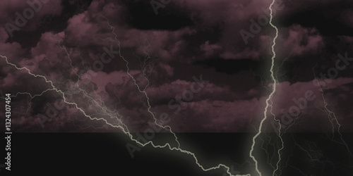 Thunder, lightnings and rain on a stormy summer night in black and white. Lightning bolts in the sky at night. 
