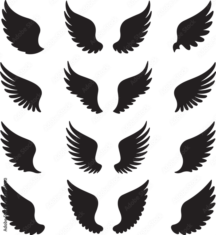 Fototapeta premium Set of black Bird wings icons vector art illustration