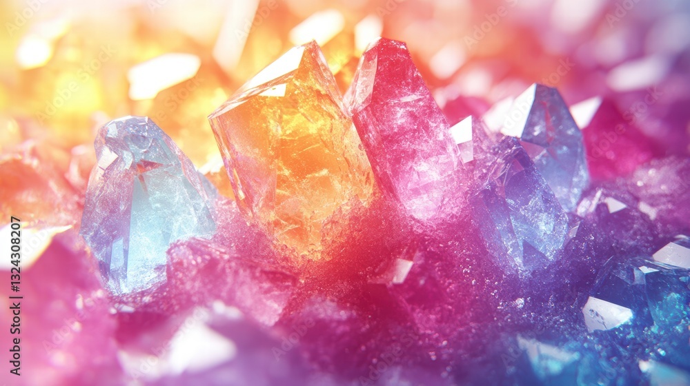 Fototapeta premium Colorful Iridescent Crystal Texture with Sparkling Light Reflections and Pastel Gradient Shades