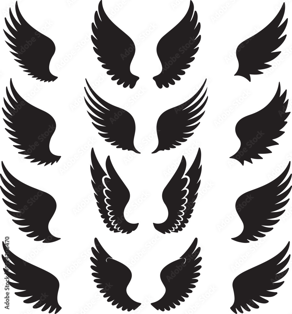 Fototapeta premium Set of black Bird wings icons vector art illustration