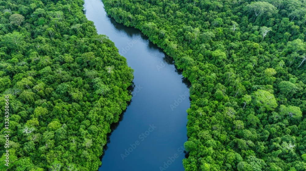 Experience the tranquility of a winding river that gracefully flows through a vibrant green jungle, showcasing nature's beauty