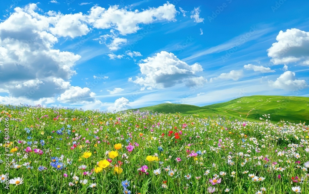 Of a Rolling green hills under a bright blue sky, dotted with colorful wildflowers swaying in the breeze Of a Rolling green hills under a bright blue sky, dotted with colorful wildflowers swaying in the breeze