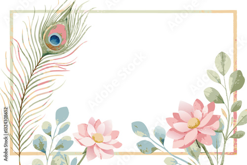 Watercolor beautiful flowers and peacock feathers on white background