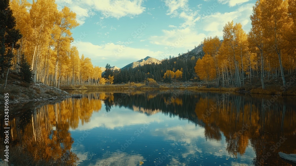 Fototapeta premium Of a Tranquil lake surrounded by golden aspen trees reflecting on the calm water surface