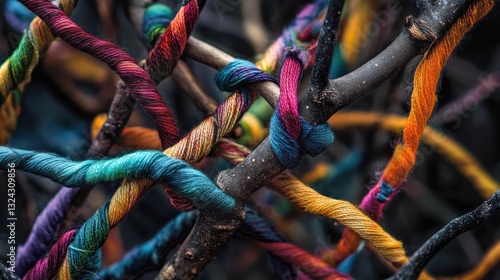 Wallpaper Mural Colorful threads woven around branches, nature background, art installation, design texture Torontodigital.ca