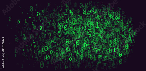 Vector digital binary code background with glowing green numbers. Floating 0s and 1s cyber, futuristic data stream effect, technology backdrop.