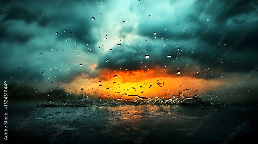 Ethereal cloud formations dance across the sky delicate raindrops gently fall upon a reflective charcoal surface creating a calming and tranquil mood in this moody impressionistic landscape