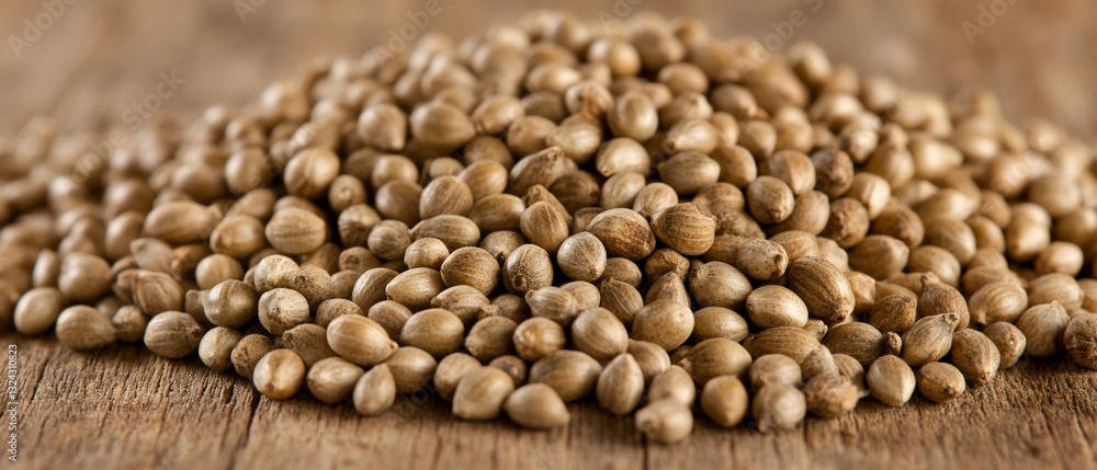 Obraz premium Pile of hemp seeds on a wooden surface.