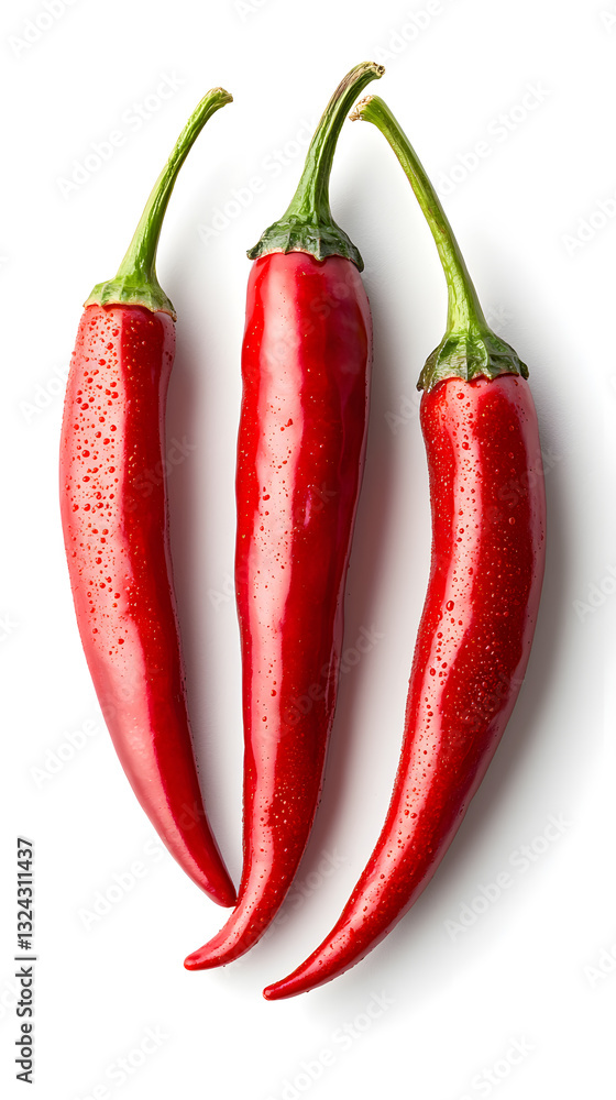 Fresh red chili peppers with glossy texture isolated on white background Fresh red chili peppers with glossy texture isolated on white background