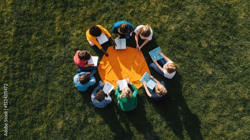 Inclusive Learning Revolution Aerial View of Diverse Gen Z Students Collaborative Outdoor Study Circle - Empowering Educational Innovation and Community Engagement photo